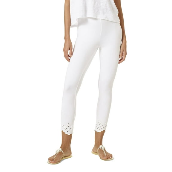 HUE Women�s Fashion Cotton Capri Leggings, White - Scalloped Flower Design, X-Small