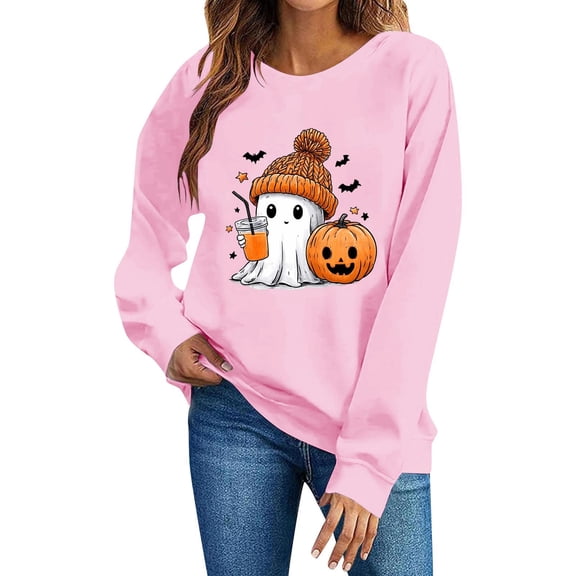 Women Halloween Sweatshirt Cute Ghost Pumpkin Printed Pullover Shirts Round Neck Long Sleeved Casual Sweatshirt Fall Loose Outfits Halloween Clothes