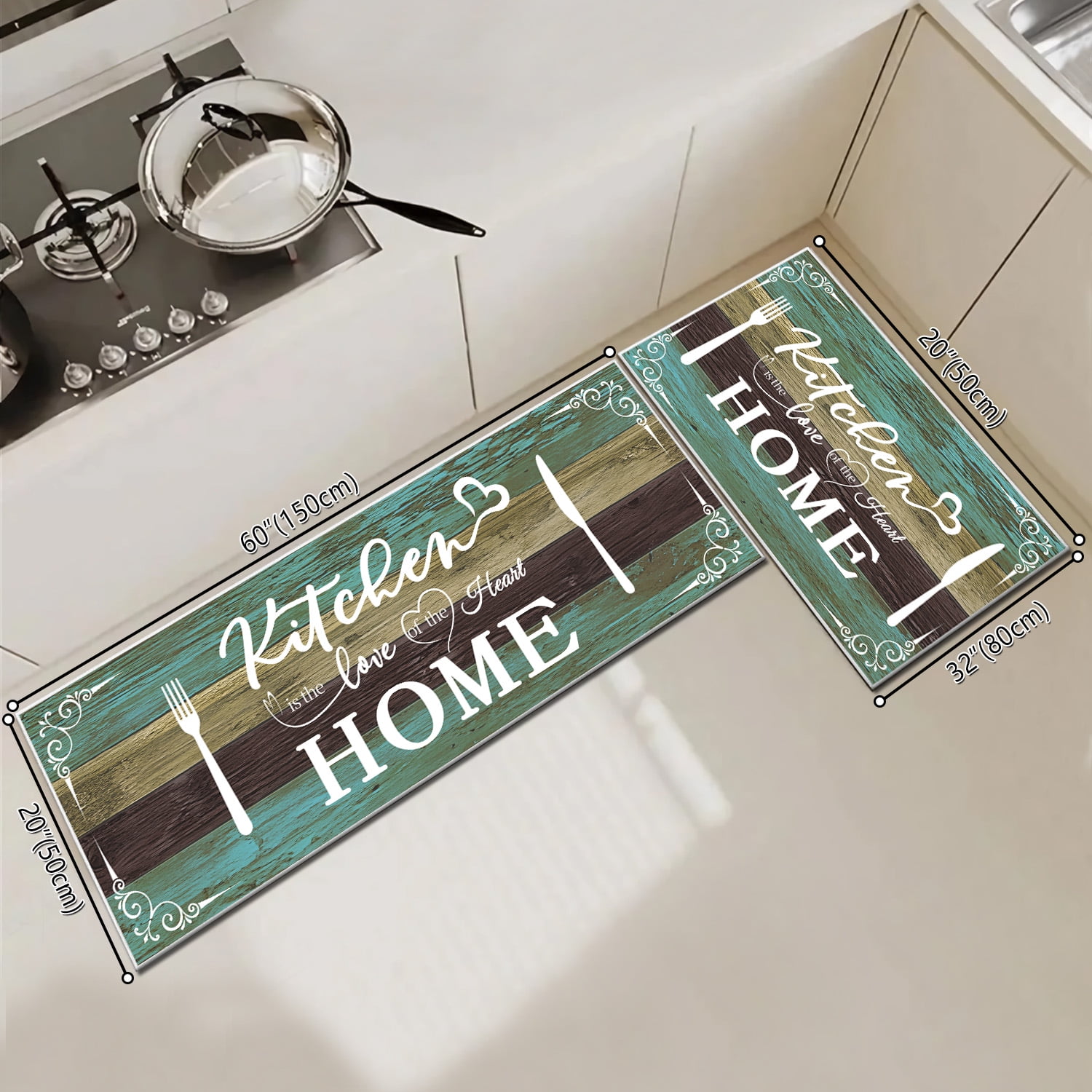 2 Pieces Rug Set, Non-Slip Mats Soft Kitchen Area Rugs, Suitable for Kitchens, Laundry Rooms, and Hallways (Teal, 20" x 32" + 20"x 48")