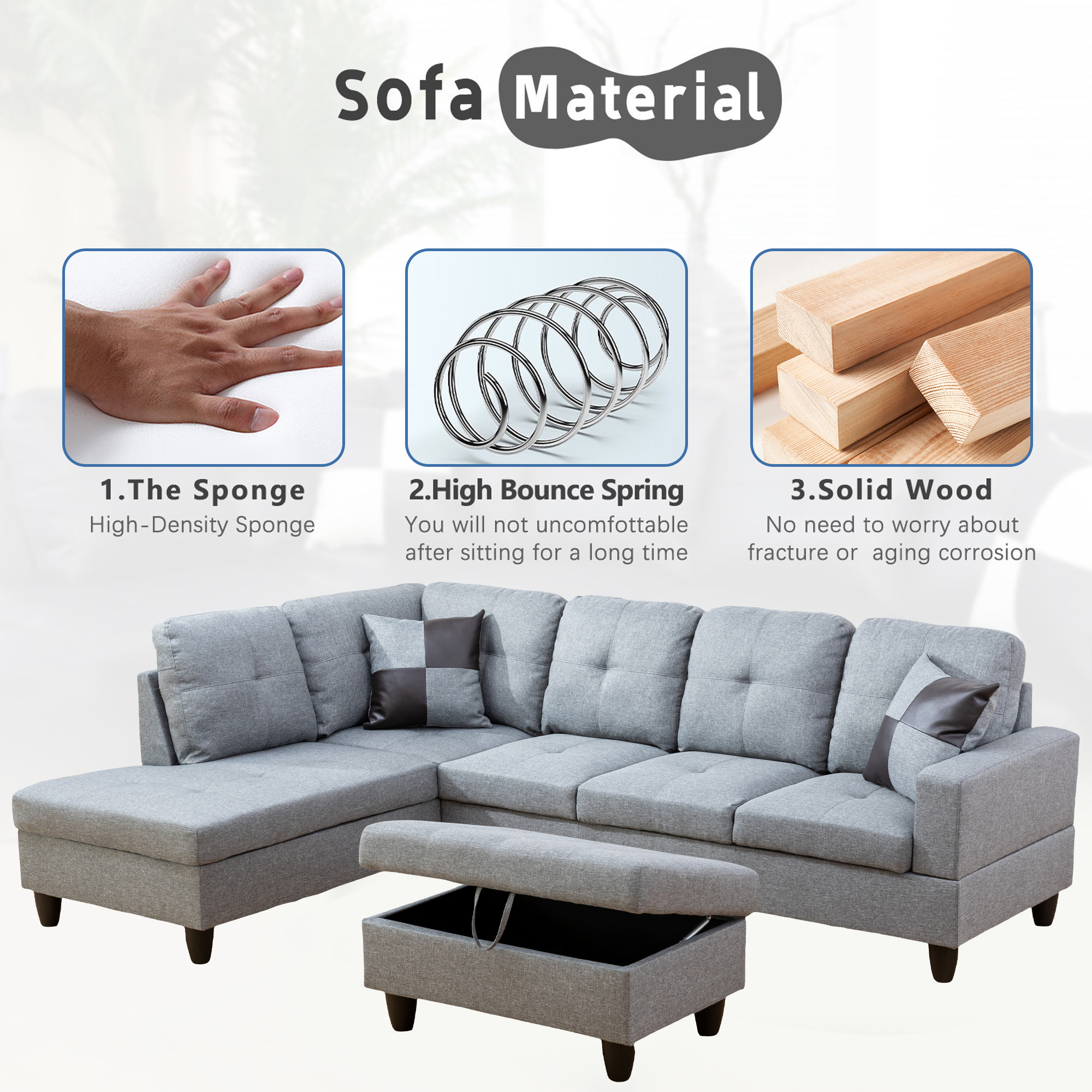 Aukfa 103" Sectional Sofa with Storage Ottoman, L Shape Couch for Living Room, Left Facing Chaise, Linen, Gray
