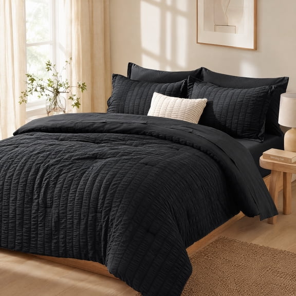 Black King Seersucker Comforter Set 7-Piece Bed in a Bag, All Season Bedding with Comforter, Flat Sheet, Fitted Sheet, Pillowcases & Shams