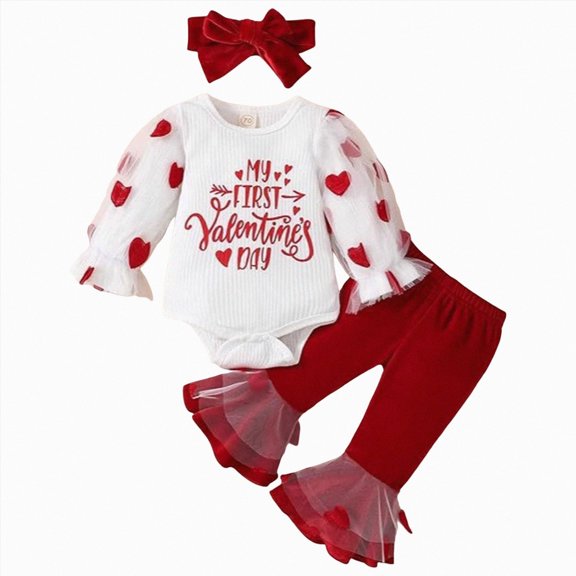 Wonitaaizi My First Valentines Day Toddler Baby Girl Outfit Red Heart Long Sleeve Romper and Flare Pants Infant Clothes(12-18 Months,Red)
