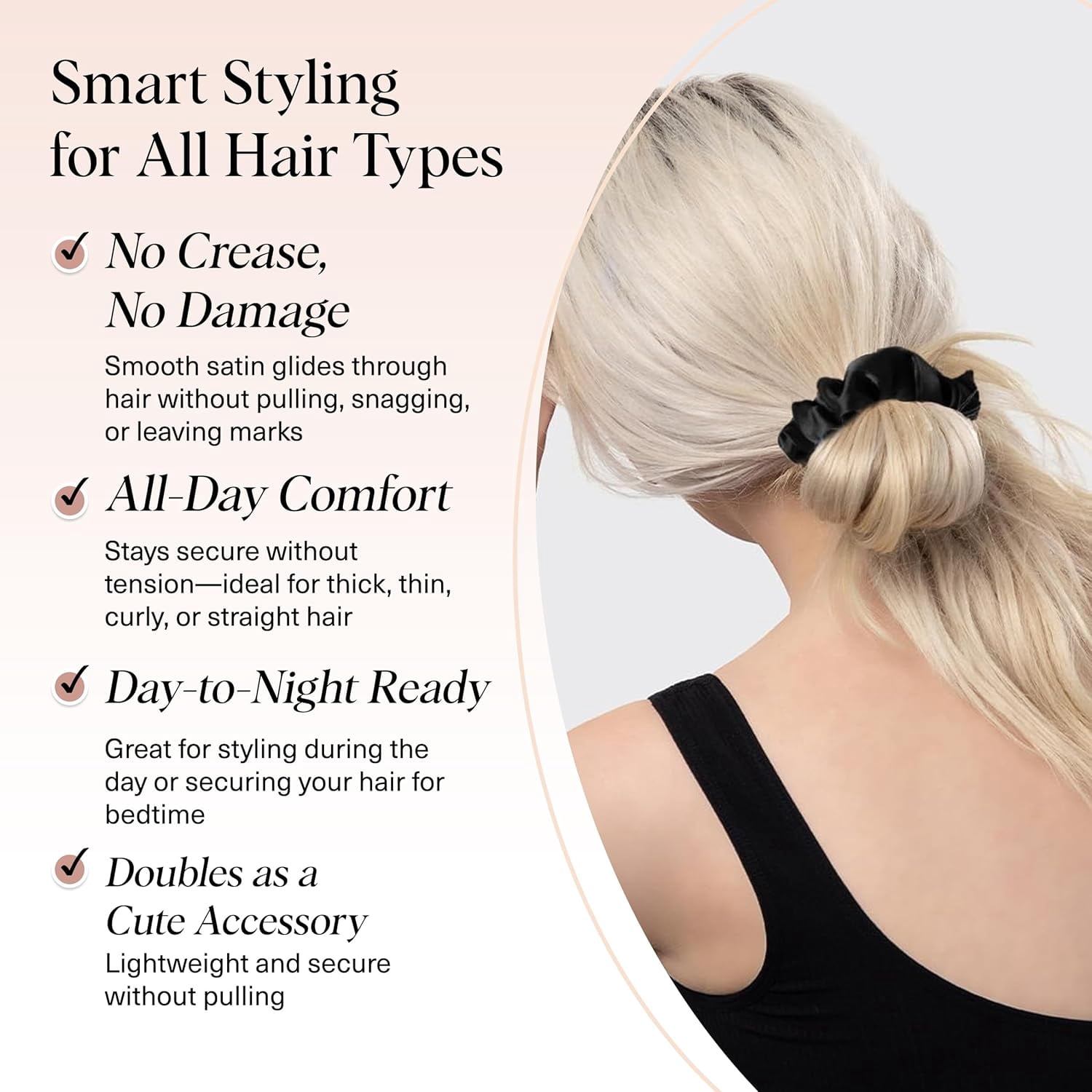 Satin Scrunchies for Women – No Crease Hair Ties – Soft Satin Hair Scrunchies for Girls – Frizz Free, Gentle, Stylish Hair Accessories | Ideal Gifts for Women – Black, 5 pcs