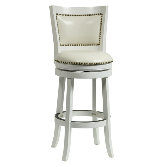 Benjara Nailhead Trim Round Leatherette Barstool with Flared Legs, White