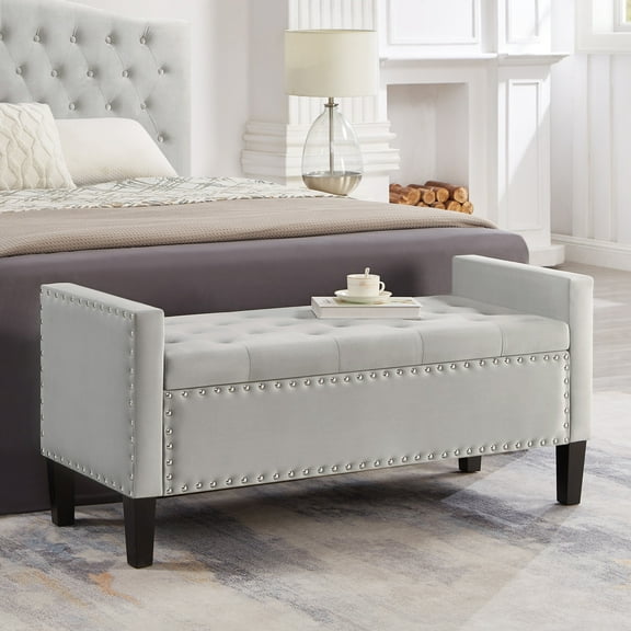 PORKISS Velvet Storage Bench, Upholstered Tufted Button Storage Ottoman with Nails Trim, Modern End of Bed Seat with Armrest for Living Room, Bedroom, Entryway, Gray