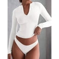 thumbnail image 3 of Quarter Zip V Neck Long Sleeve Cropped Top Going Out Tops for Womens Fall Fashion 2025 White M, 3 of 6