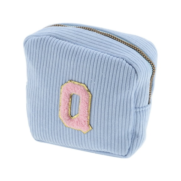 Unique Bargains 1 Pc Letter Q Pattern Makeup Bag for Travel Blue Corduroy