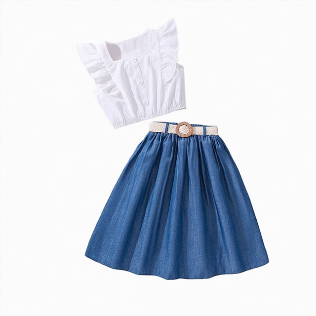 Ymyiu Ensemble de Robe d'Été pour Filles, Ensemble 2 Pcs pour Filles, Manches à Volants, Tulle, Jupe pour Tout-Petits, Tenue de Robe, Taille 8-9 Ans (Bleu, 8-9 Ans)