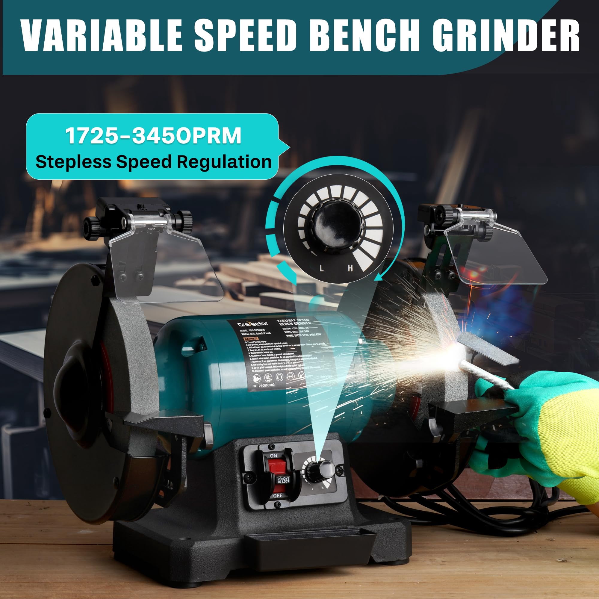 Greteefor Variable Speed 6" Bench Grinder, 1725–3750 rpm, Brushless Induction Motor, Work Light, Diamond Dresser, Water Tray, Stable Cast Iron Base