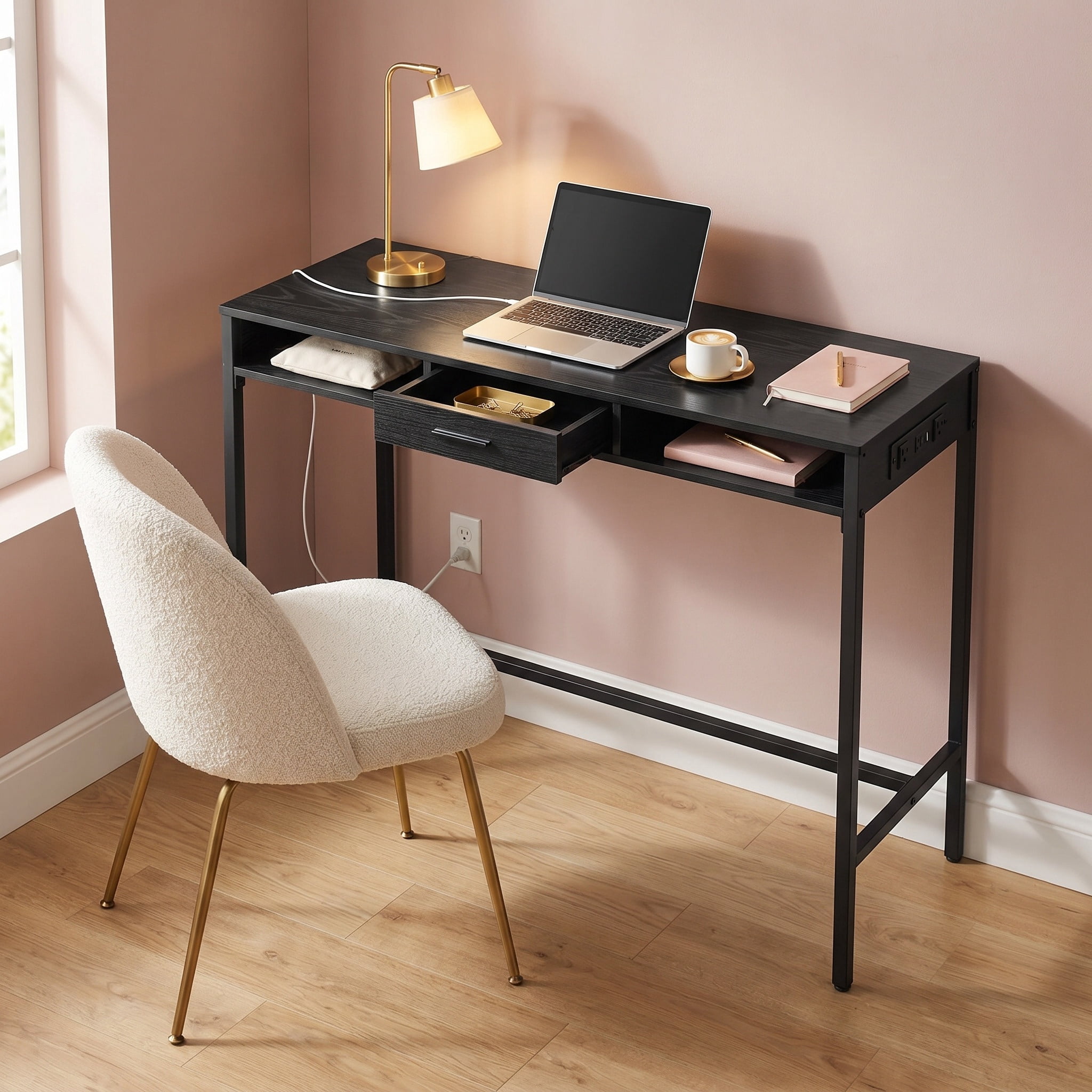 Nordic Hygge Bar Height Pub Table with Storage and Built-In Power Strip, Fabric Drawer, and Side Hooks