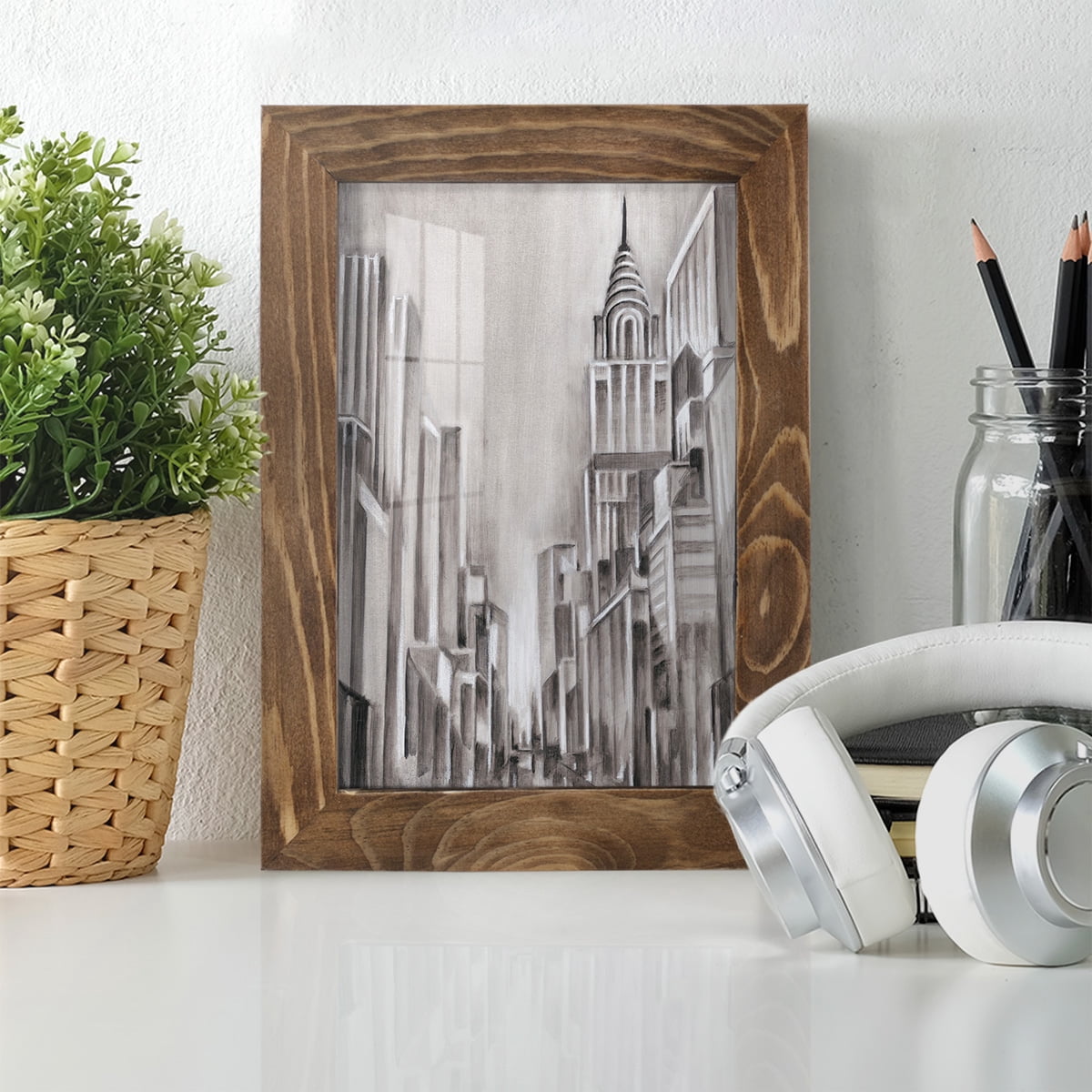 Art Deco Cityscape I -Framed Print w/glass-Walnut