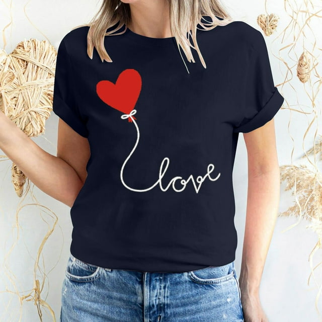 Meichang Hauts pour Femmes T-Shirts de la Saint-Valentin T-Shirts de Fête à Col Rond T-Shirts à Imprimé Cœur d'Amour T-Shirts à Manches Courtes Jolis Tees Blouses en Liquidation