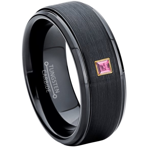 0.05ctw Princess Cut Pink Tourmaline Tungsten Ring - 8MM Brushed Black IP Stepped Edge Tungsten Carbide Wedding Band - October Birthstone Ring - 14kt Yellow Gold Bezel - TN083PSG-1PTMs7