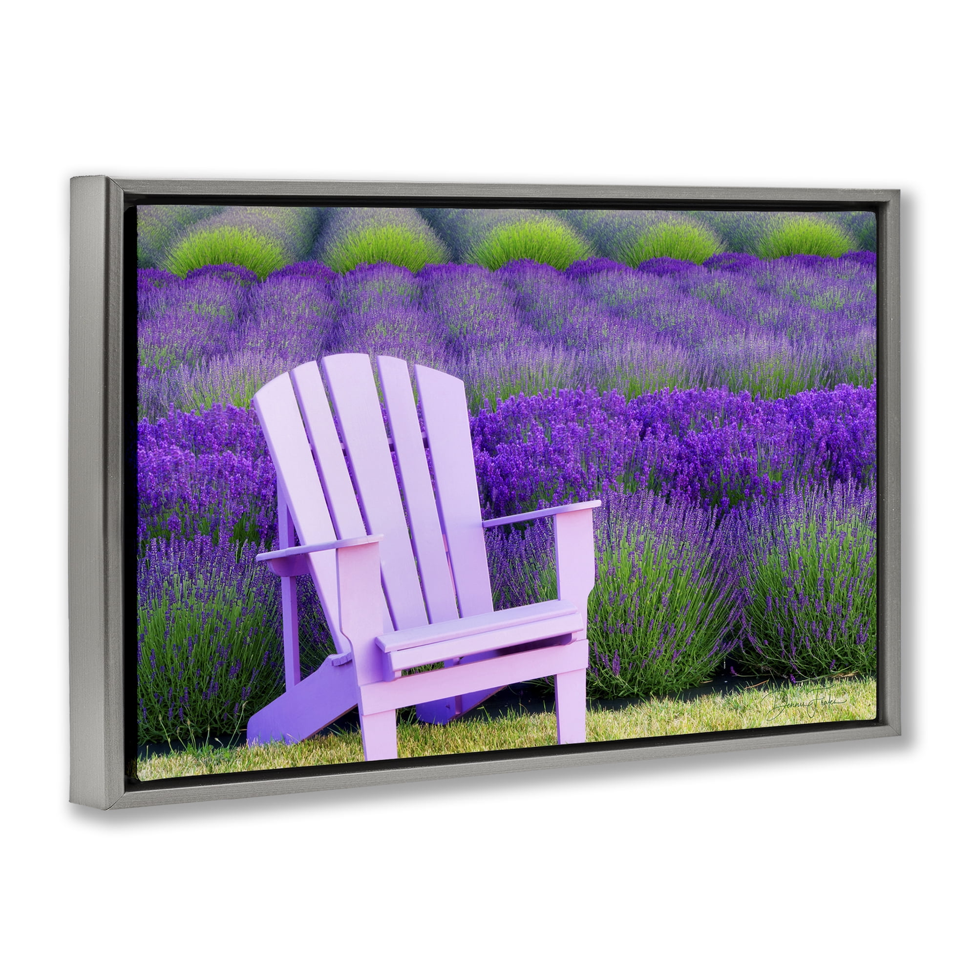 Stupell Industries Chair & Lavender Field Landscape & Nature Painting Gray Floater Framed Canvas Art Print Wall Art, 25 x 17