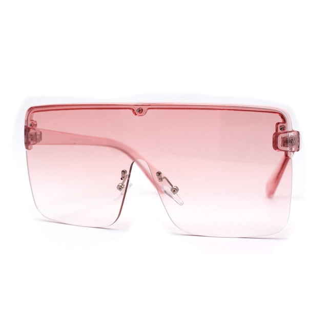 Colorful Flat Top Half Rim Large Shield 80s Plastic Sunglasses Pink