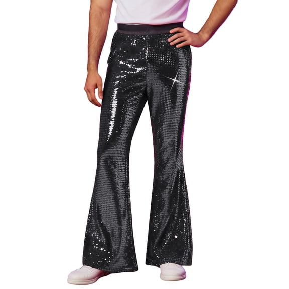 CONZONE Carnival Mens 70S Disco Pants Wide Leg Flared Pants for Men Glitter Sequins Elastic Waist Festival Stage Performance Pant