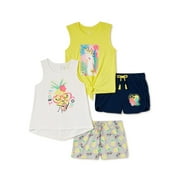 Wonder Nation Girls Graphic Tank Tops and Shorts, 4-Piece Outfit Set, Sizes 4-18 & Plus
