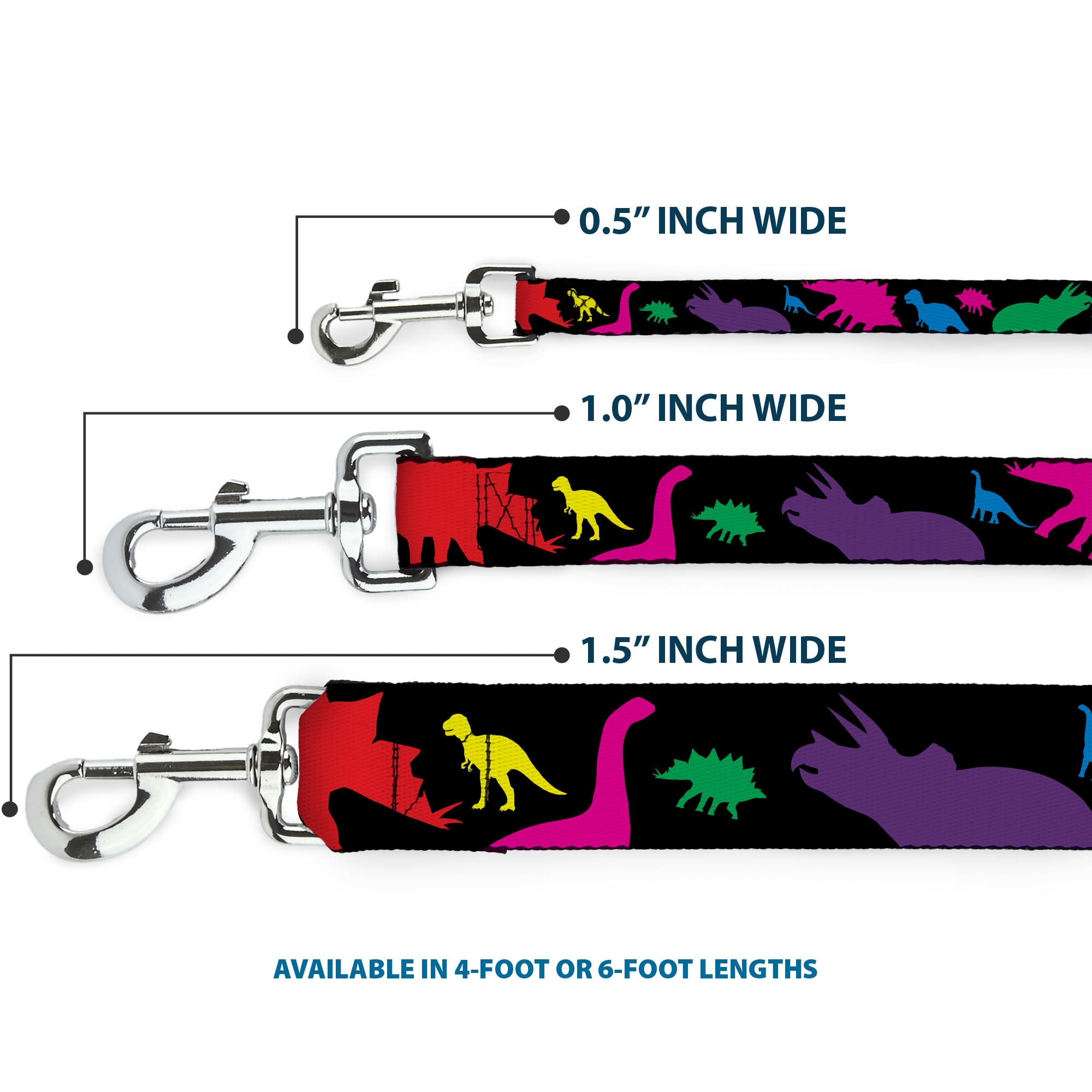 Buckle-Down Pet Leash, Dog Leash, Dinosaur Silhouette Black Multi Color, 6 Feet Long 1.0 Inch Wide