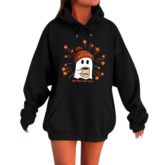 Womens Fall Winter Oversized Hoodies Funny Halloween Graphic Long Sleeve Pullover Sweatshirts with Pocket Halloween Hoodie for Women Men Casual Hoody Halloween Party Costume, Black L
