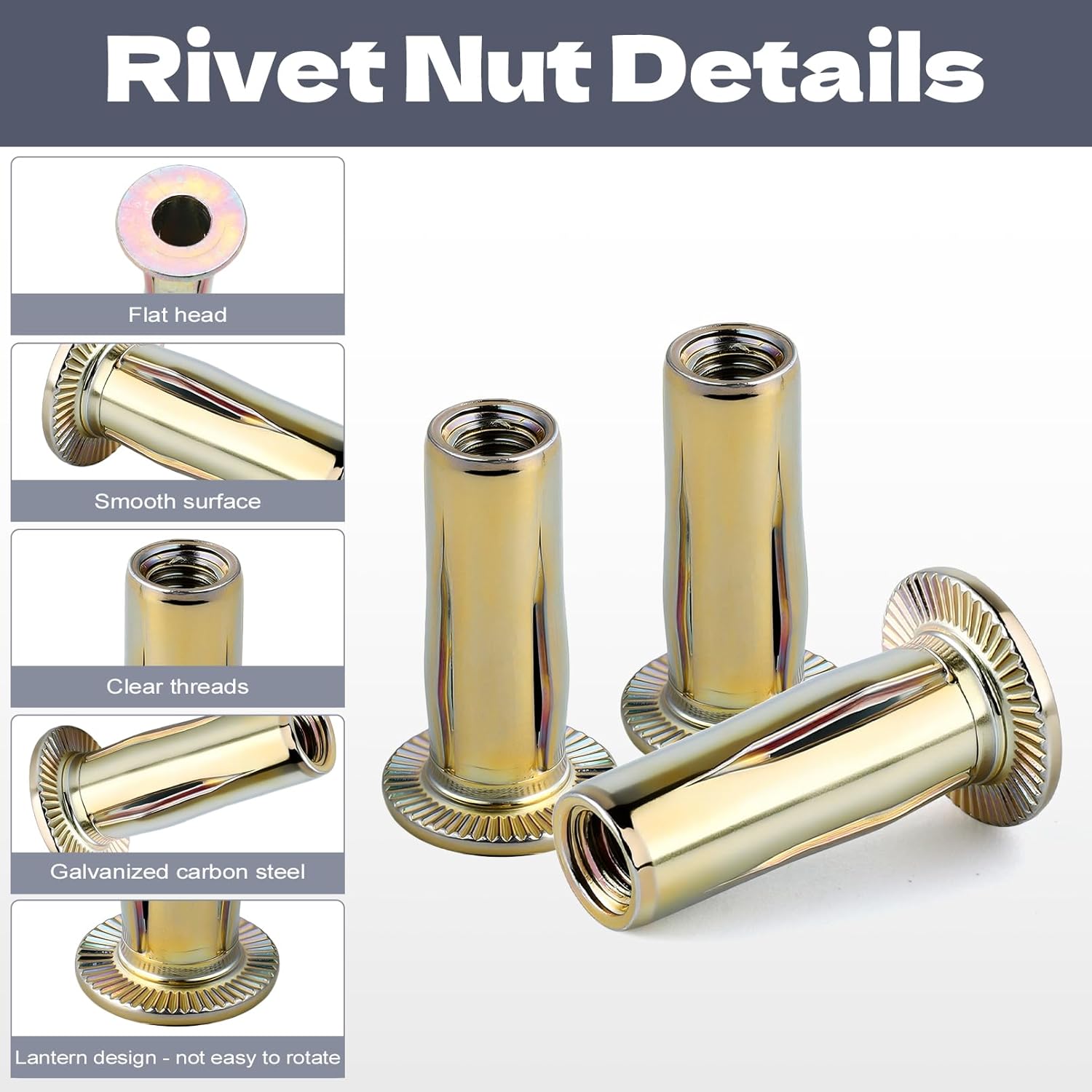 1/4-20 Multi Grip Rivet Nut Kit, 50pcs Rivet Nuts, Steel Pre-Bulbed Shank Plus Nuts,Zinc-Plated Flat Head Threaded Insert Nut Construction Fasteners for Industrial