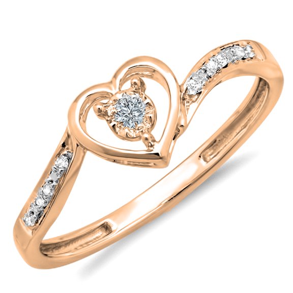 0.10 Carat (ctw) 14k Rose Gold Round Diamond Ladies Heart Shaped Promise Bridal Engagement Ring 1/10 CT