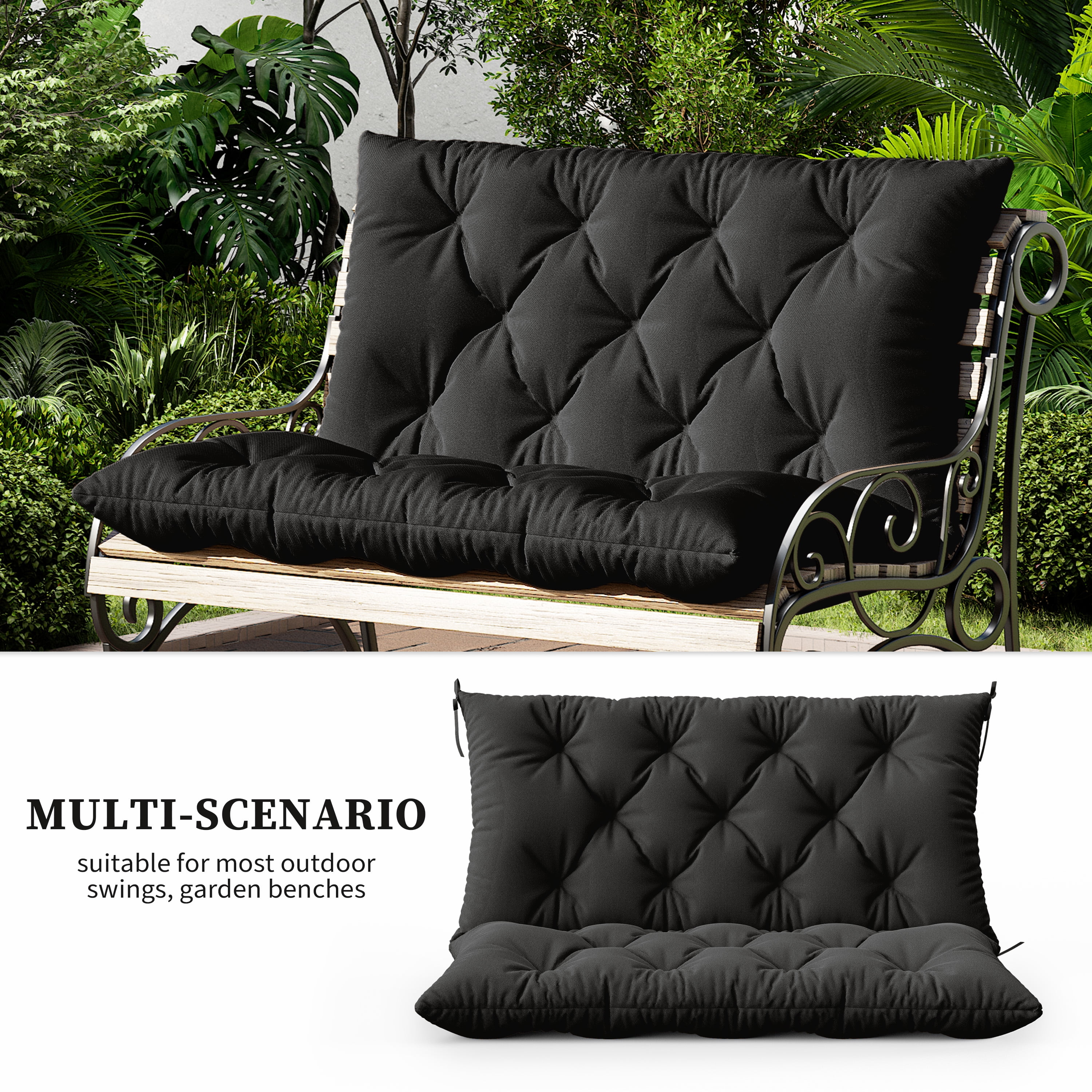 Snubbull Swing Replacement Cushion, Outside Bench Cushion with Backrest, 2 Seater Cushion with 6 Ties for Outdoor Furniture, 40 x 40 x 5 inches Porch SwingCushion Garden Bench, Black