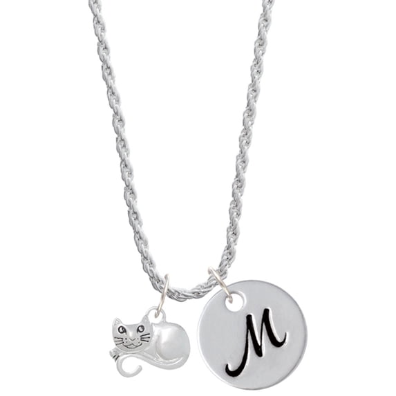 Delight Jewelry Curled Up Cat Silvertone Script Initial Disc - M - Charm Necklace, 20"+3"