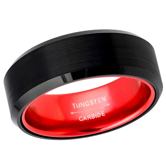 Men's Women's Tungsten Wedding Band Engagement Ring 8mm Brushed Black Anodized Red Aluminum Sleeve, SZ 8.5