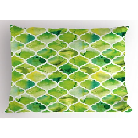 Watercolor Pillow Sham Moroccan Trellis Pattern In Green Tones