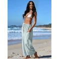 thumbnail image 5 of Women's Wide Leg Striped Pants Casual Loose Drawstring Low Waist Palazzo Harem Pants with Pockets Light Green S, 5 of 7