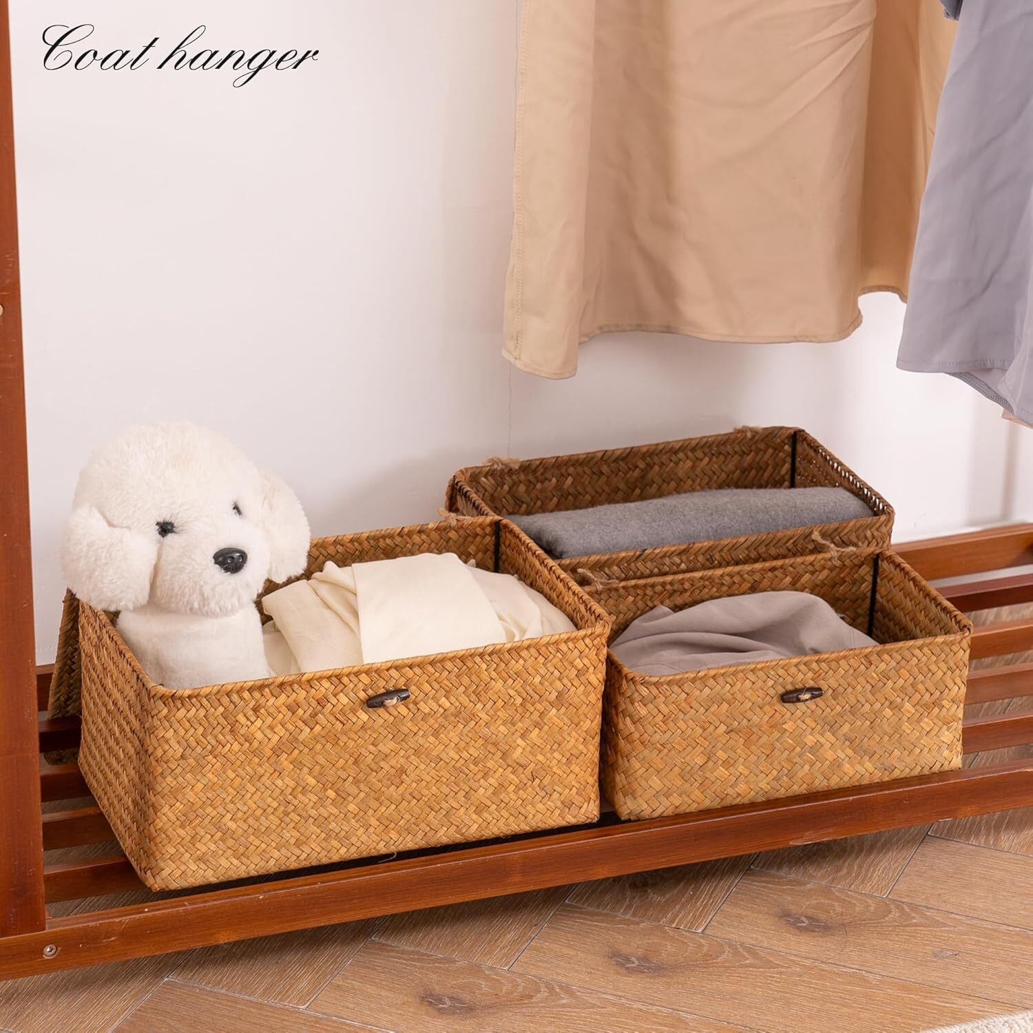 Woven Wicker Storage Bins with Lid, Seagrass Basket for Shelf Organizer, Extra Large, Set of 3
