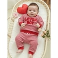 thumbnail image 3 of Loicainy Baby Boy Valentine’s Day Outfits Long Sleeve Letter Embroidery Stripes Sweatshirt + Pants Set Toddler Clothes, 3 of 8