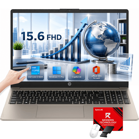 HP 15.6" FHD Touchscreen Laptop Computer, Intel Core i3-N305, 8GB RAM, 256GB SSD, AI Copilot Key, Windows 11 Pro, Office 365 for Web w/Accessories