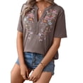 thumbnail image 2 of Camisas Mexicanas para Mujer, Blusa Tradicional de Verano Bordada, Túnica Floral, Cuello en V, Camiseta de Corta. Marrón Oscuro S, 2 of 8