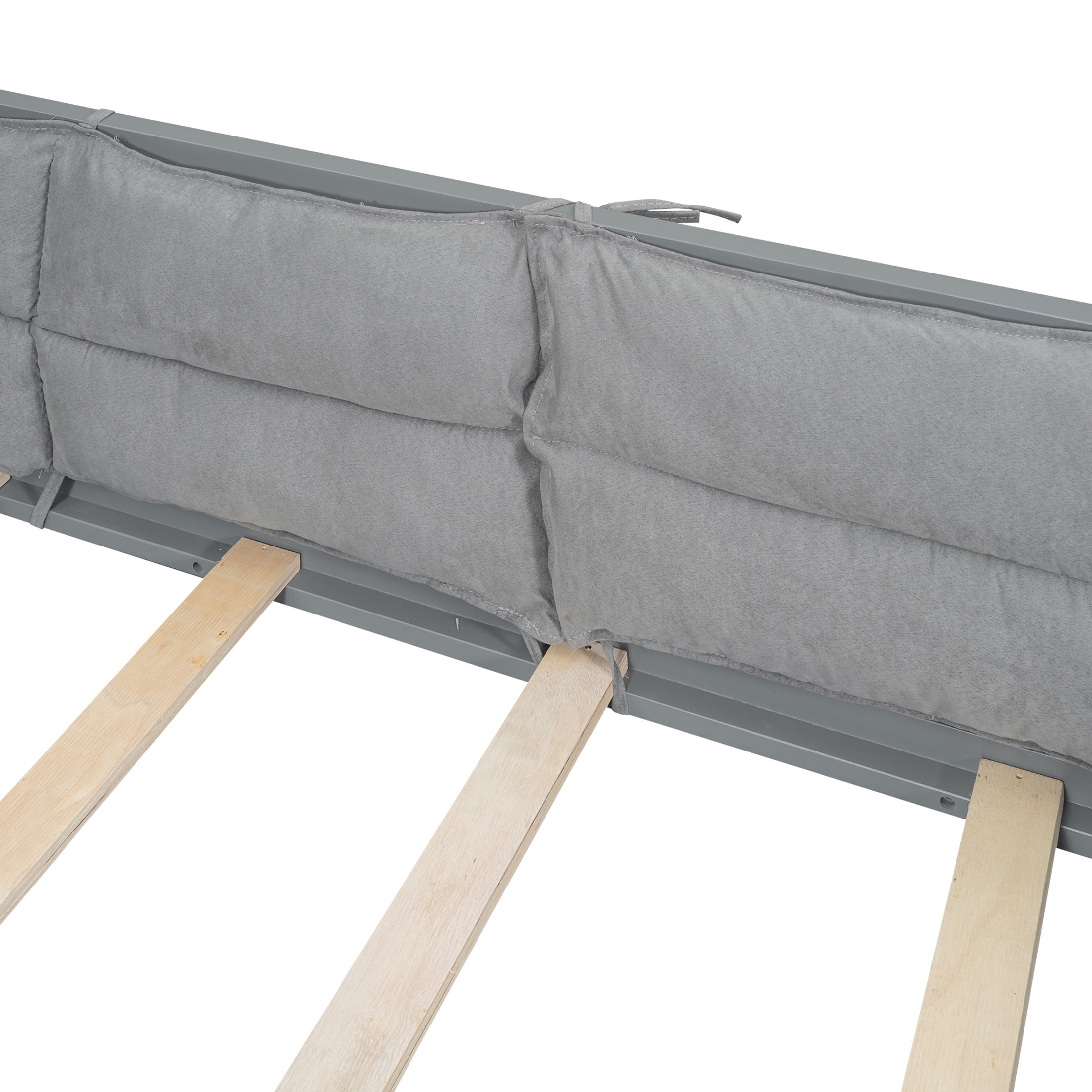 Noble House Myrrh Full Size Upholstered Platform Bed with Guardrails and Plush Pillows, Pine Wood Frame, Gray