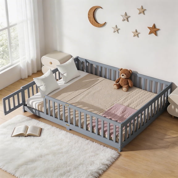 Sailvan Queen Floor Bed with Fence and Door, Solid Wood Kids Platform Bed Frame Grey