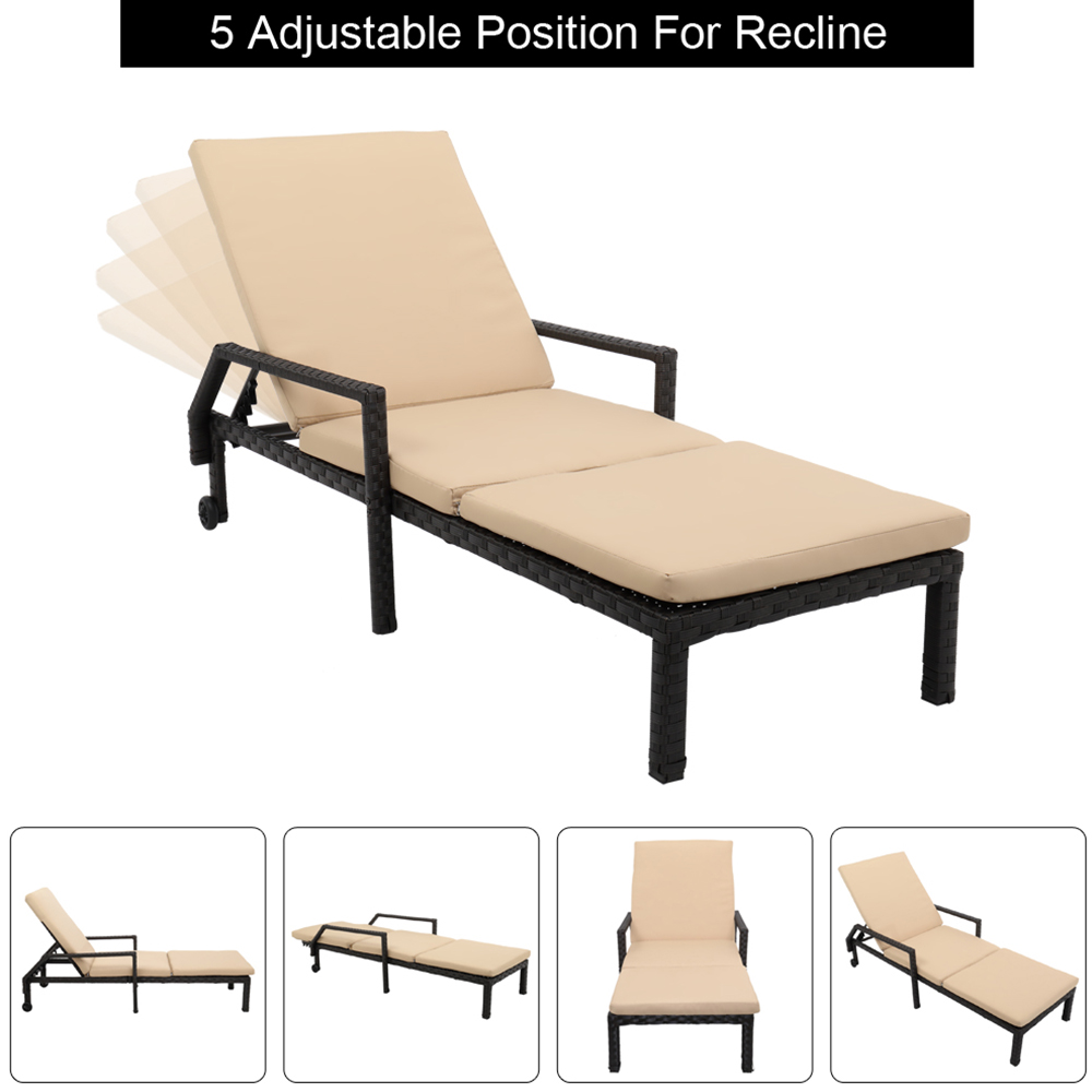 Pool Lounge Chair, Adjustable Patio Chaise Lounge Chair with Wheels, Outdoor Rattan Lounge Chair with Armrest and Cushion, Patio Furniture Recliner for Deck, Poolside, Backyard(1, Beige), LLL264 - image 3 of 9