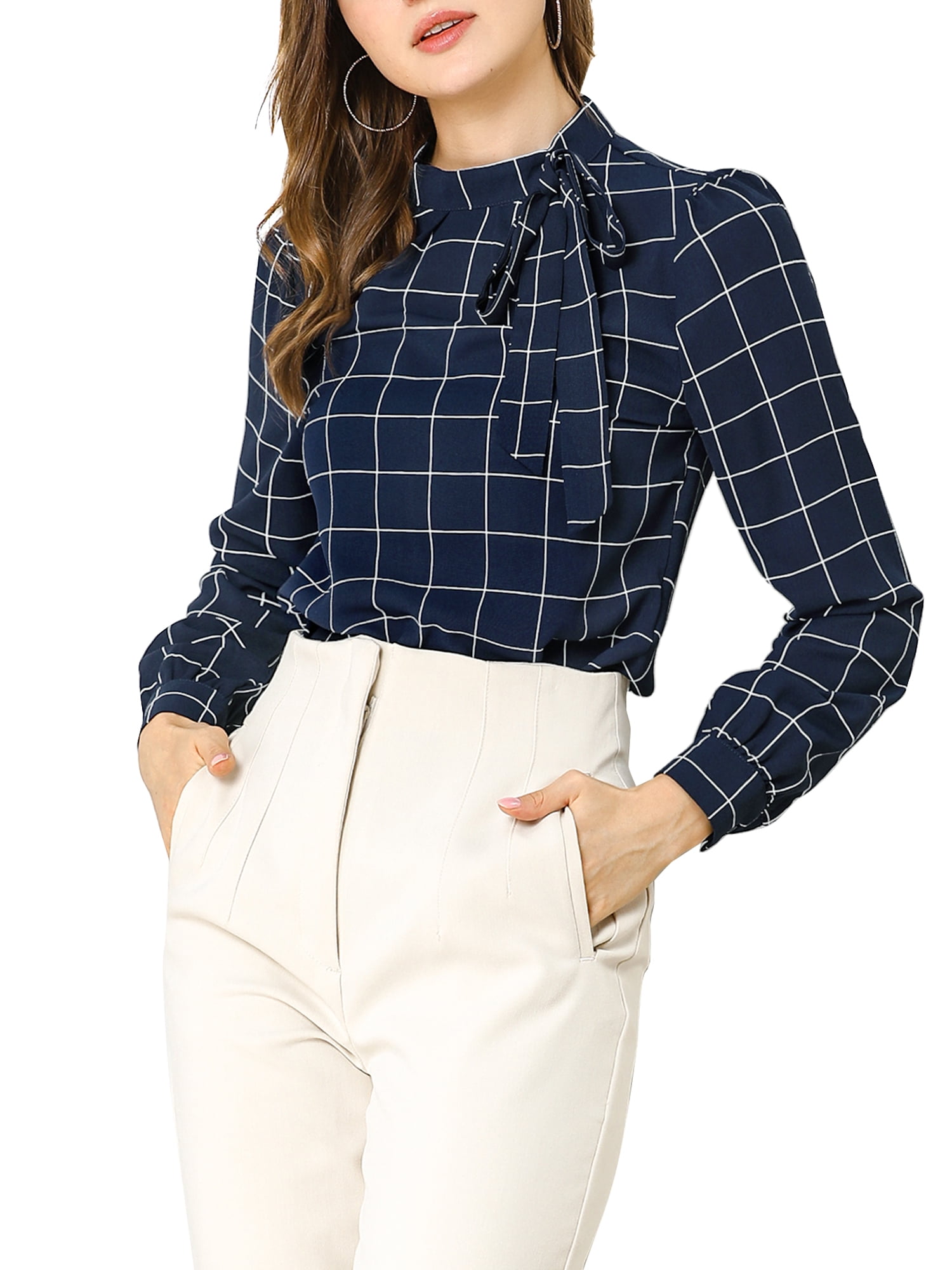 DARING DIVA Bow-Tie Neck Office Work Checks Shirt Top S Navy Blue