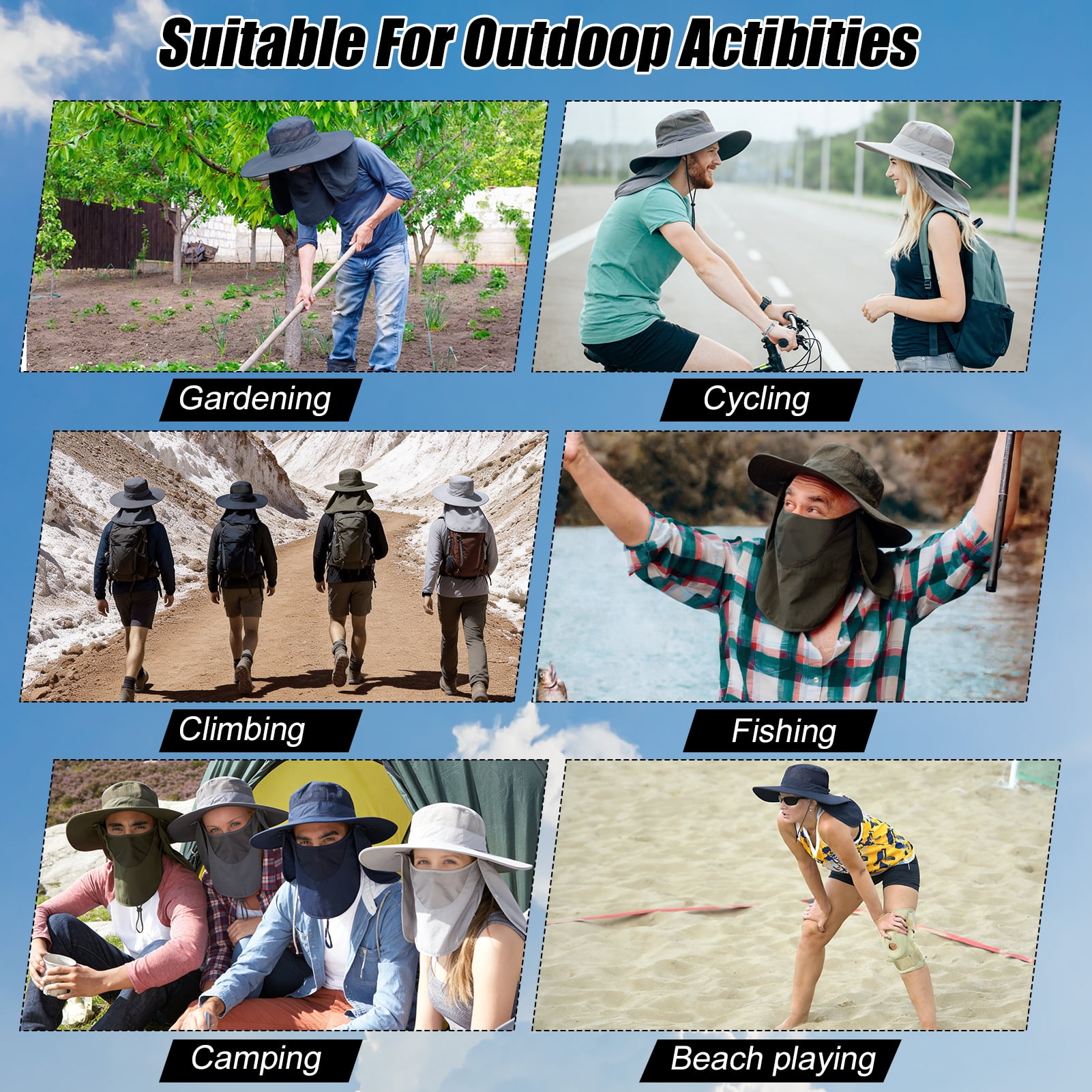 Bocaoying 4 Pack Summer Sun Hat for Men and Women, UPF 50+ Outdoor Fishing Hat with Detachable Face Mask & Neck Cover, Breathable Windproof Wide Brim Bucket Hat for Hiking Cycling Camping