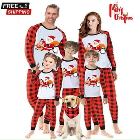 

Sunisery Family Matching Christmas Pajamas Baby Romper/Santa Penguin Elk Print Long Sleeve Tops + Plaid Long Pants Sleepwear Set