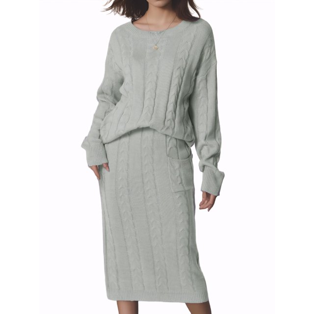 INSPIRE CHIC Women's Fall Winter Casual Crewneck Sweater Two Piece Outfit Midi Skirts with Pockets Lounge Set Grey M