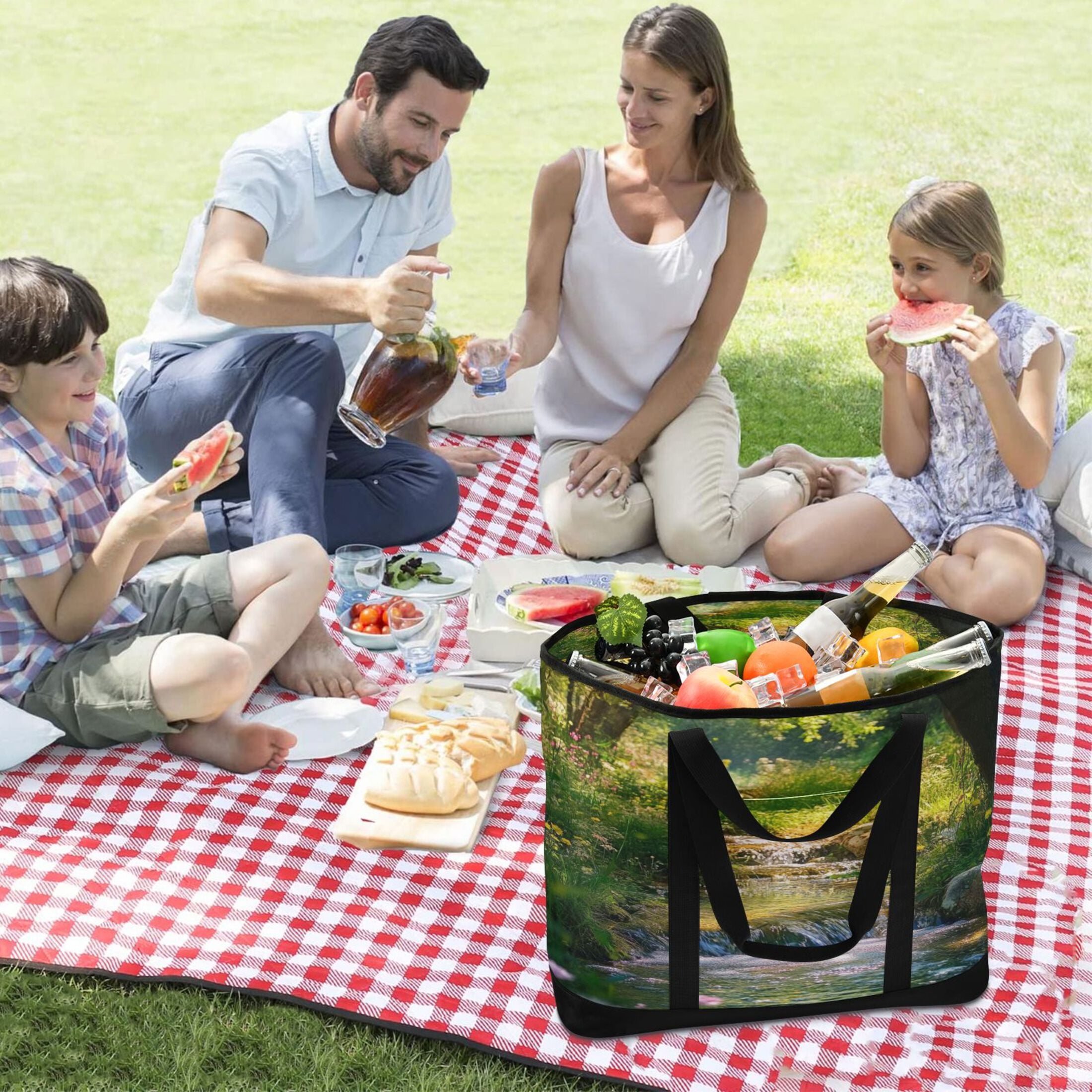 Large Hand-held Ice Pack Picnic Bag Insulation and Refrigeration Suitable for Shopping Picnics and Camping Green Stream