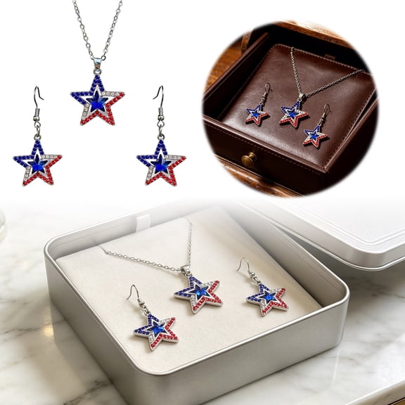 VMWMSSR 250Th Anniversary Patriotic Star Jewelry Set, 3Pc Red White Blue Star Necklace & Earrings, Independence Day Holiday Jewelry Gifts(Red-4cm)