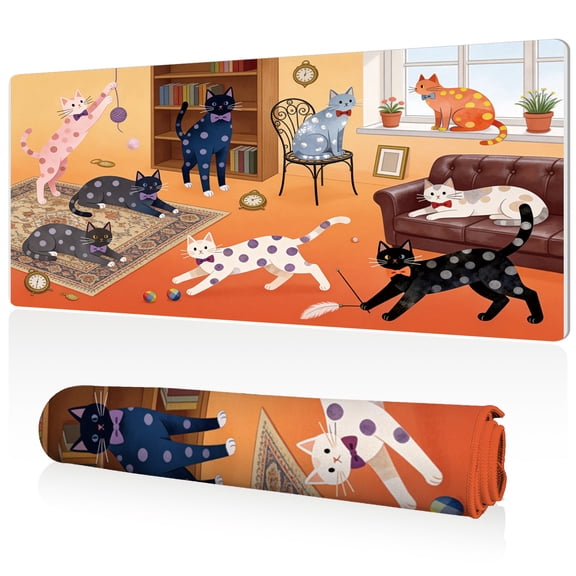 LIVEKEY XXL Mouse Pad 80x40x0.3cm Ultra Wide Full Coverage Cute Cats in Cozy Indoor Scene Design Non Slip Easy to Clean Stitched Edges for Gaming and Office Use