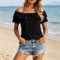 thumbnail image 2 of BOOMNY Womens Short Sleeve Ruffled Tshirts Off Shoulder Solid Color T-Shirts Summer Tee Tops for Women, 2 of 6