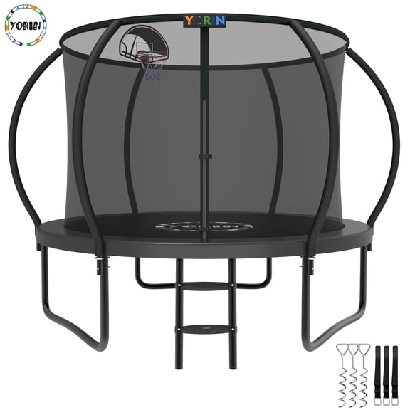 YORIN Trampoline for 2-3 Kids, 8FT Trampoline for Adults with Enclosure Net, Basketball Hoop, Ladder, 800LBS Weight Capacity Outdoor Recreational Trampoline, Heavy Duty Trampoline