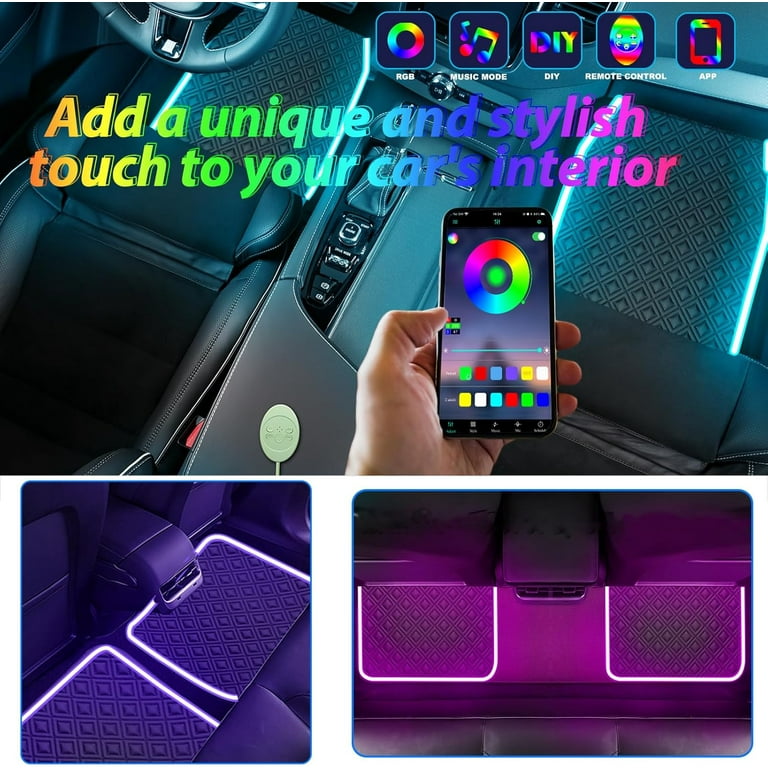 Car Floor Mats with Led Strip Light, Universal Fit Black Automotive Carpet, Interior Car Lights Floor Mats, App Control Faux Leather Anti-Slip Waterproof Neon Car Decor Accessories for SUV,Sedan Etc.