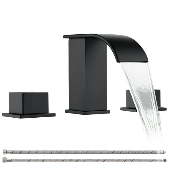 Waterfall Bathroom Sink Faucet Black - Widespread 2 Handle 8 Inch 3 Hole Bathroom Sink Faucet, Basin Faucet Mixer Taps with cUPC Faucet Supply Line Hoses for Bathroom Restroom Vanity Lavatory