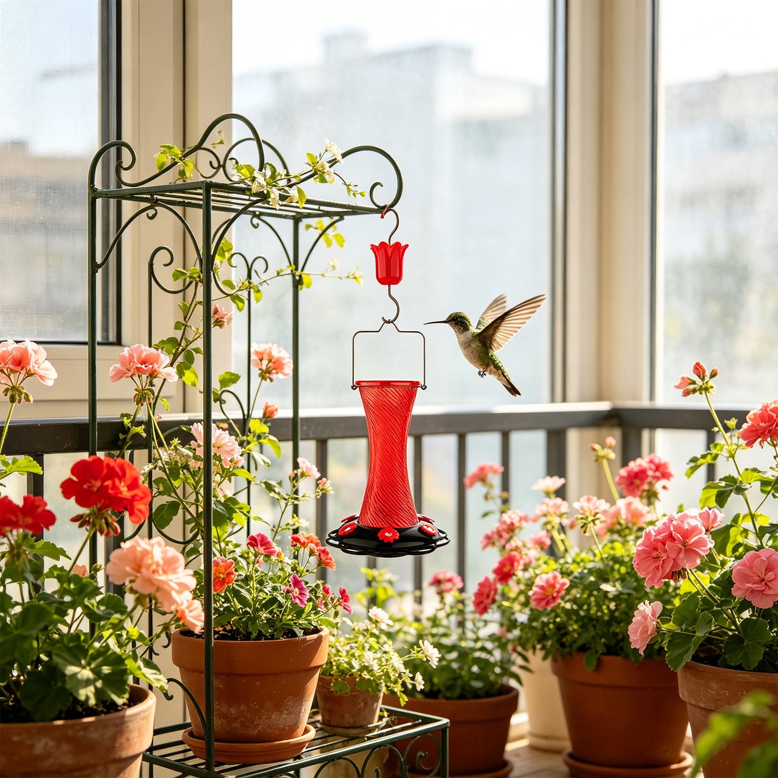 Hanging Glass Hummingbird Feeder, 7.8in Outdoor Decorative Wild Bird Nectar Feeder With Flower‑Shaped Ports
