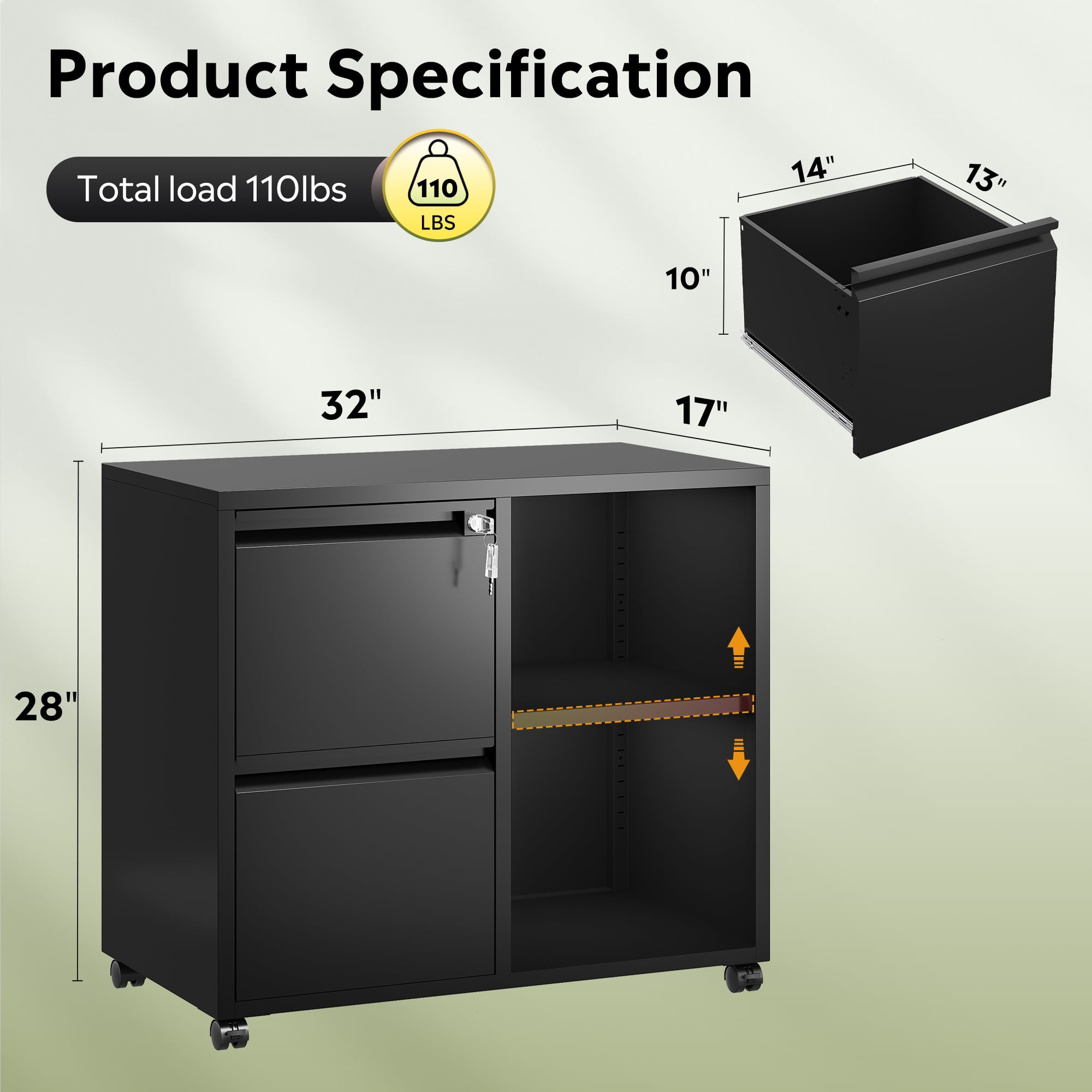 GALAXHERO 2 Drawer File Cabinet with Lock, Metal Filing Cabinet for Home Office, Rolling Printer Stand with Adjustable Shelf, Fit Letter/A4/Legal Size Files, Black
